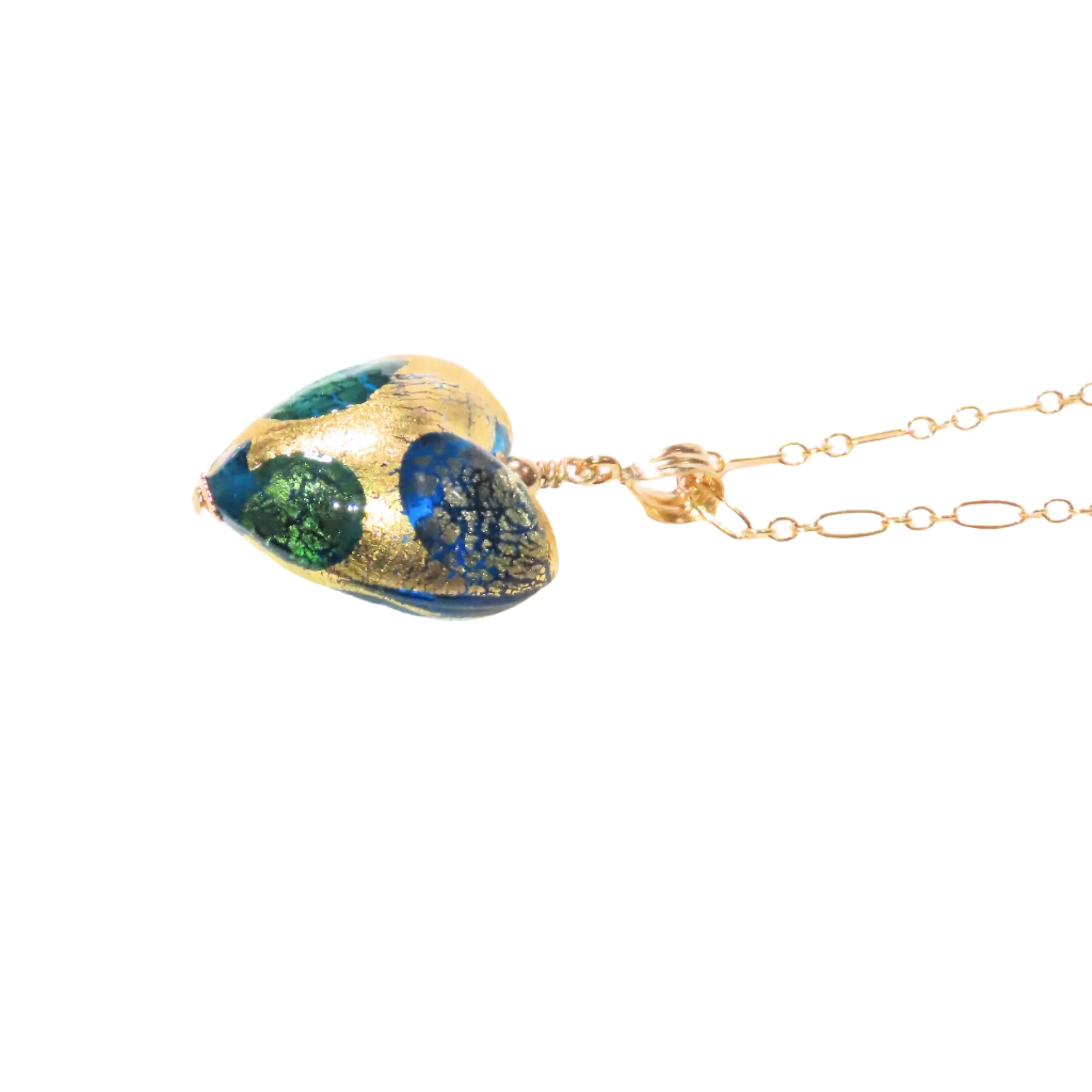 Murano Glass Green Dot Gold Heart Pendant
