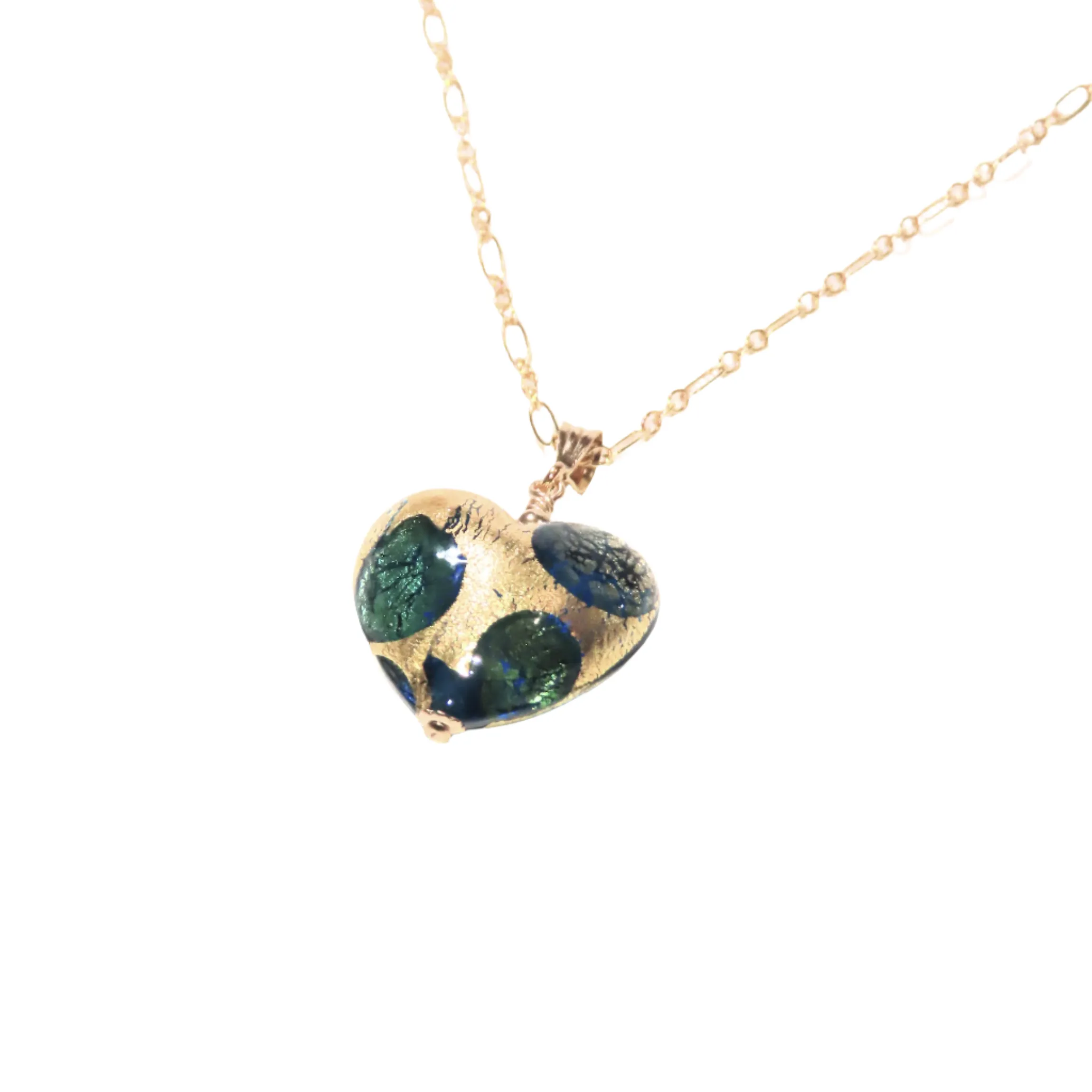 Murano Glass Green Dot Gold Heart Pendant