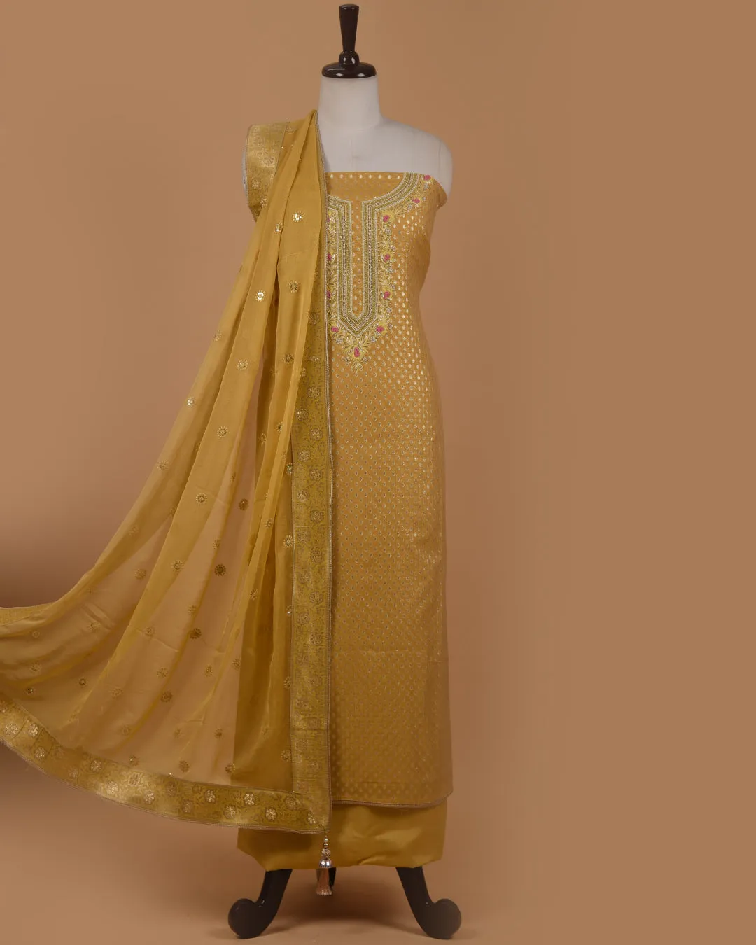 Mustard Chanderi Woven With Embroidery Unstitched Suit Fabric Set With Chiffon Embroidered Dupatta