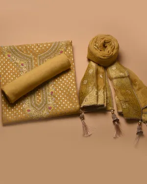 Mustard Chanderi Woven With Embroidery Unstitched Suit Fabric Set With Chiffon Embroidered Dupatta