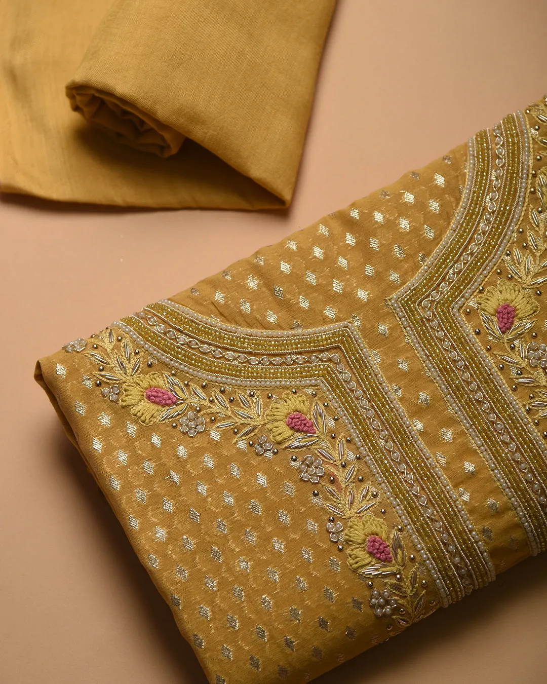 Mustard Chanderi Woven With Embroidery Unstitched Suit Fabric Set With Chiffon Embroidered Dupatta