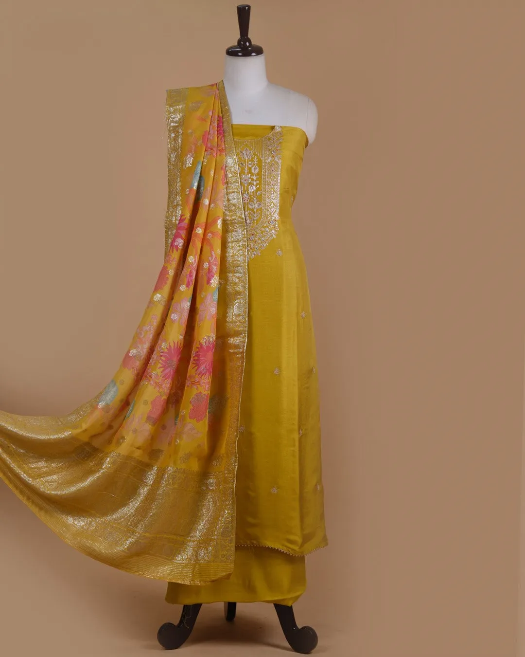 Mustard Silk Viscose Blend Embroidered Unstitched Suit Fabric Set With Organza Woven With Printed Dupatta