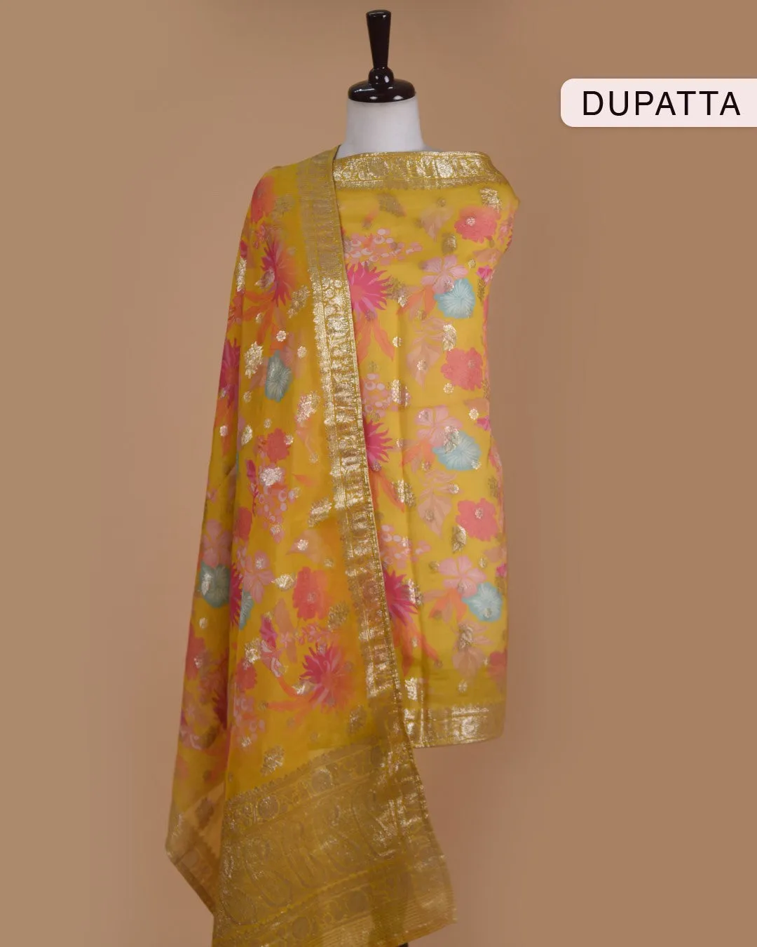 Mustard Silk Viscose Blend Embroidered Unstitched Suit Fabric Set With Organza Woven With Printed Dupatta