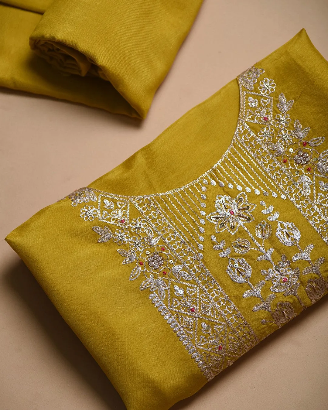 Mustard Silk Viscose Blend Embroidered Unstitched Suit Fabric Set With Organza Woven With Printed Dupatta