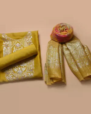Mustard Silk Viscose Blend Embroidered Unstitched Suit Fabric Set With Organza Woven With Printed Dupatta