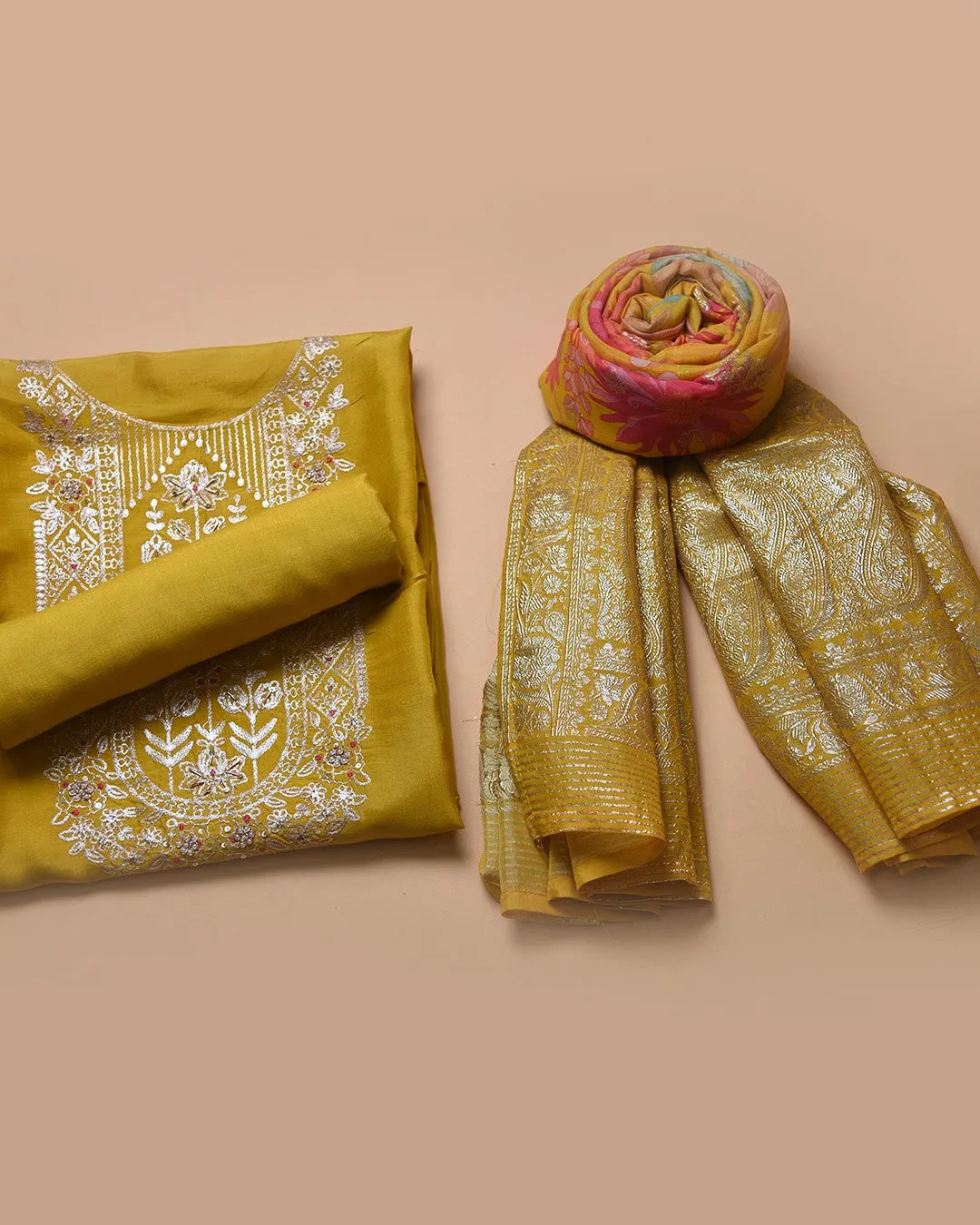 Mustard Silk Viscose Blend Embroidered Unstitched Suit Fabric Set With Organza Woven With Printed Dupatta