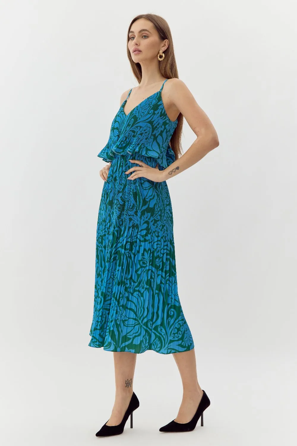 Nayla Overlay Pleated Print Midi Dress