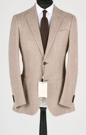 New Suitsupply Havana Brown Houndstooth Linen, Mulberry Silk, Wool, Cotton Blend Suit - Size 44L