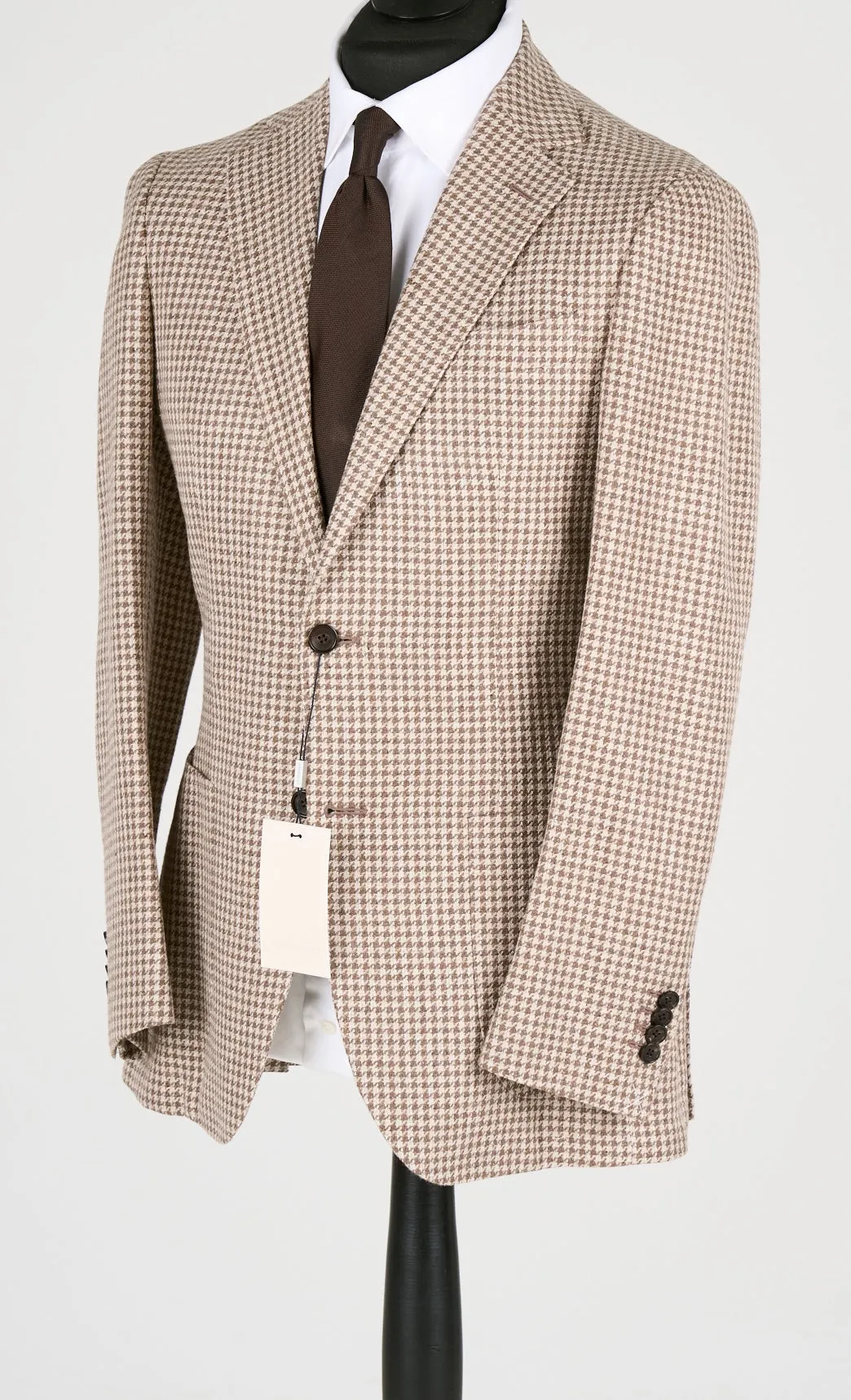 New Suitsupply Havana Brown Houndstooth Linen, Mulberry Silk, Wool, Cotton Blend Suit - Size 44L