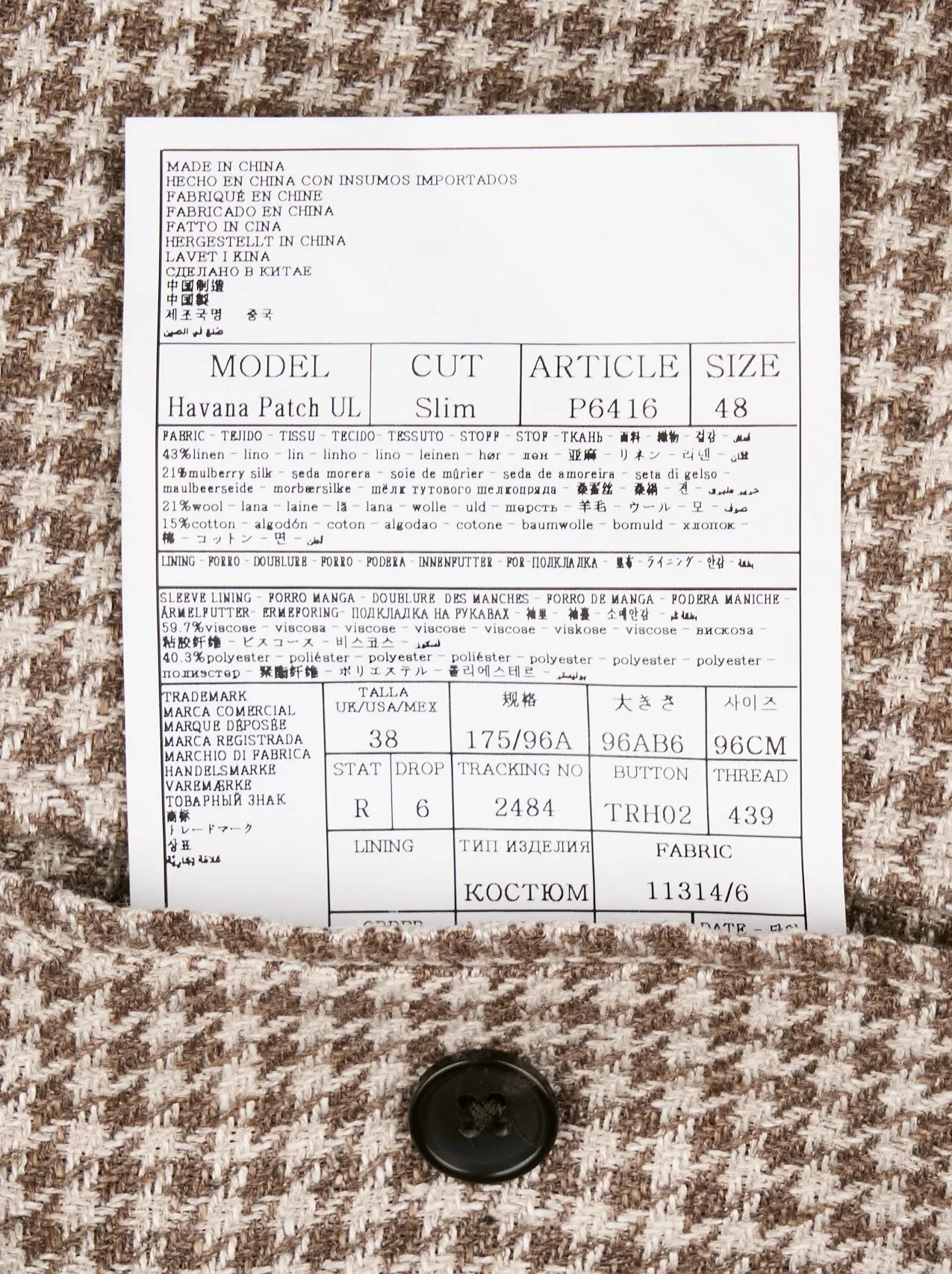 New Suitsupply Havana Brown Houndstooth Linen, Mulberry Silk, Wool, Cotton Blend Suit - Size 44L