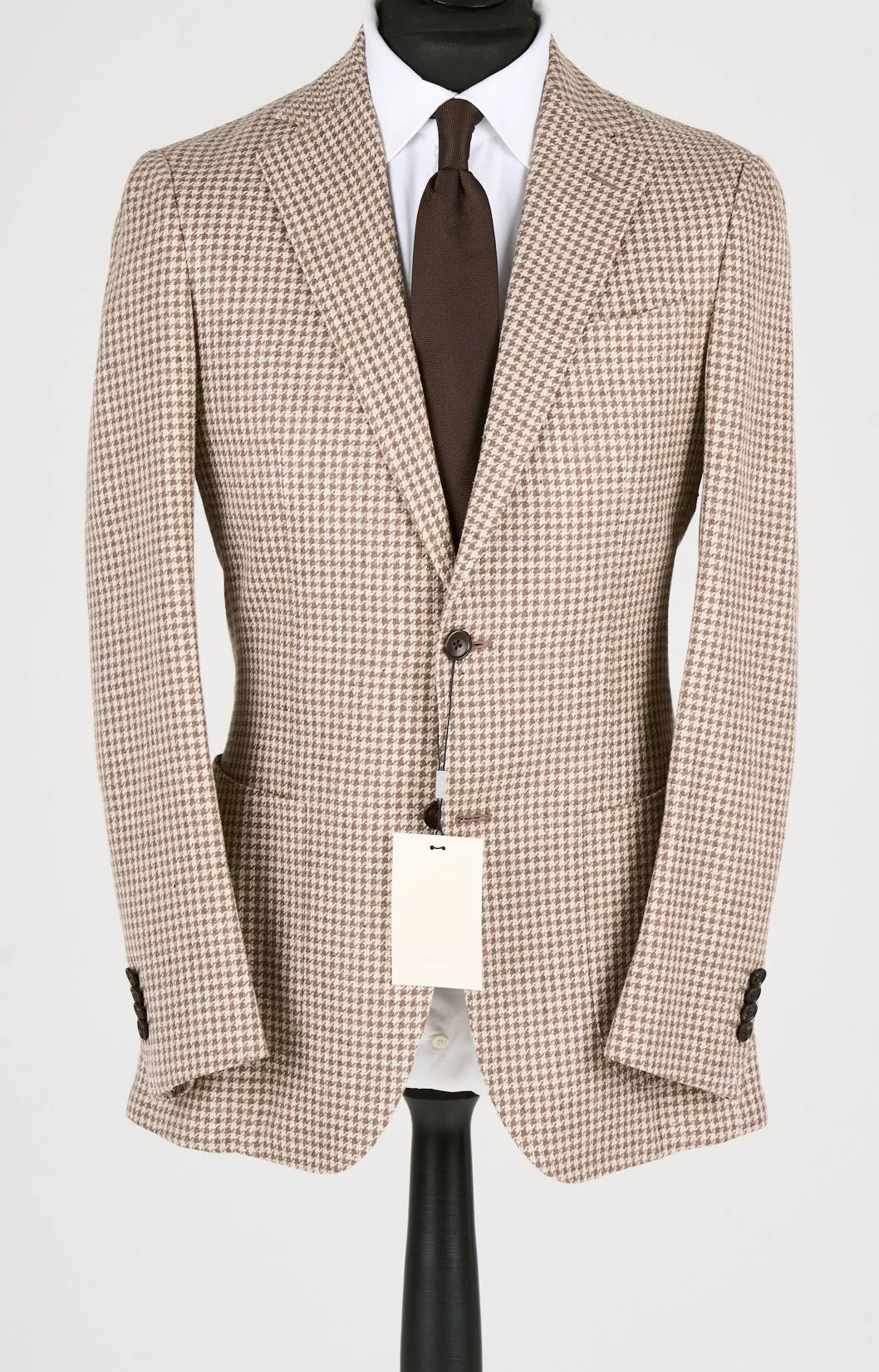 New Suitsupply Havana Brown Houndstooth Linen, Mulberry Silk, Wool, Cotton Blend Suit - Size 44L