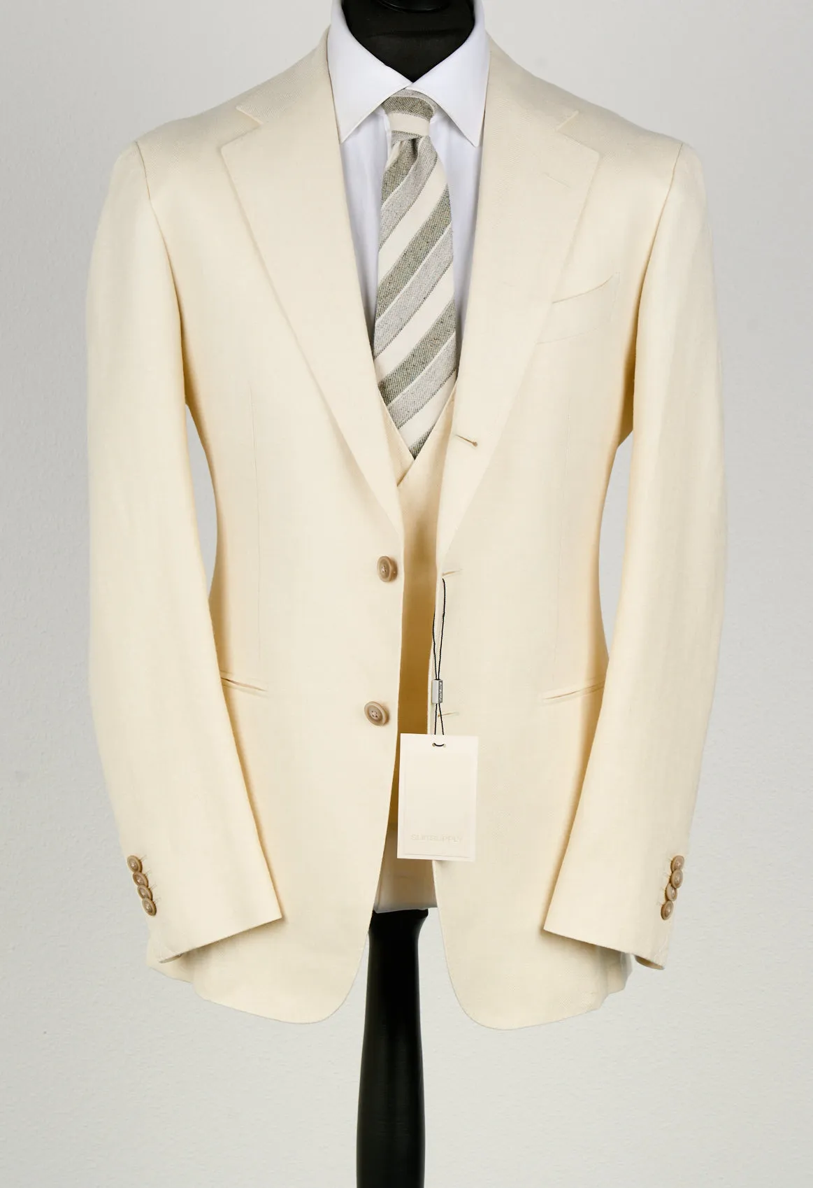 New Suitsupply Havana Jetted Off White Herringbone Wool, Tussah Silk, Linen 3 Piece DB Suit - Size 46R (Final Sale)