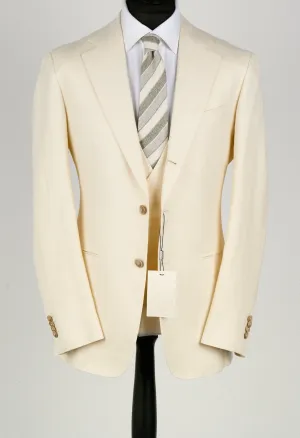 New Suitsupply Havana Jetted Off White Herringbone Wool, Tussah Silk, Linen 3 Piece DB Suit - Size 46R (Final Sale)