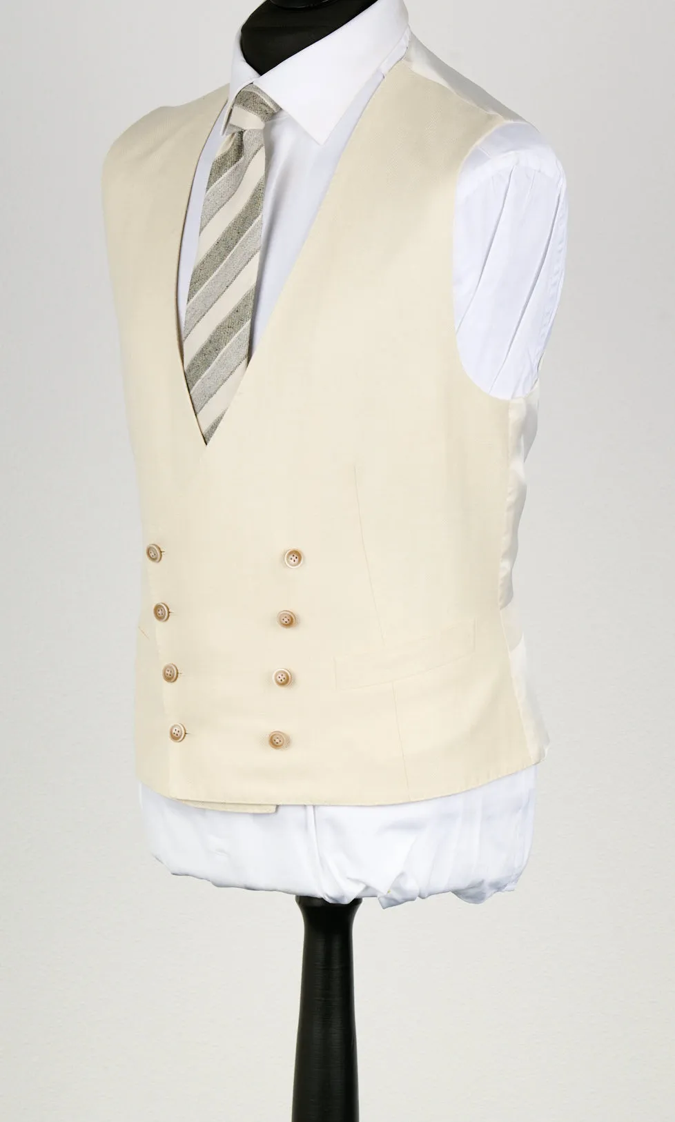 New Suitsupply Havana Jetted Off White Herringbone Wool, Tussah Silk, Linen 3 Piece DB Suit - Size 46R (Final Sale)