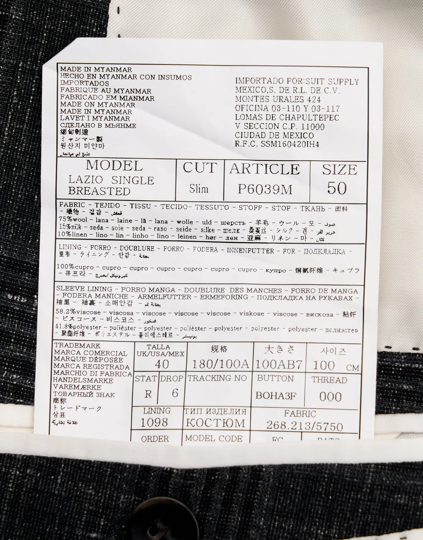 New Suitsupply Lazio Dark Gray Check Wool, Silk and Linen Suit - Size 44R