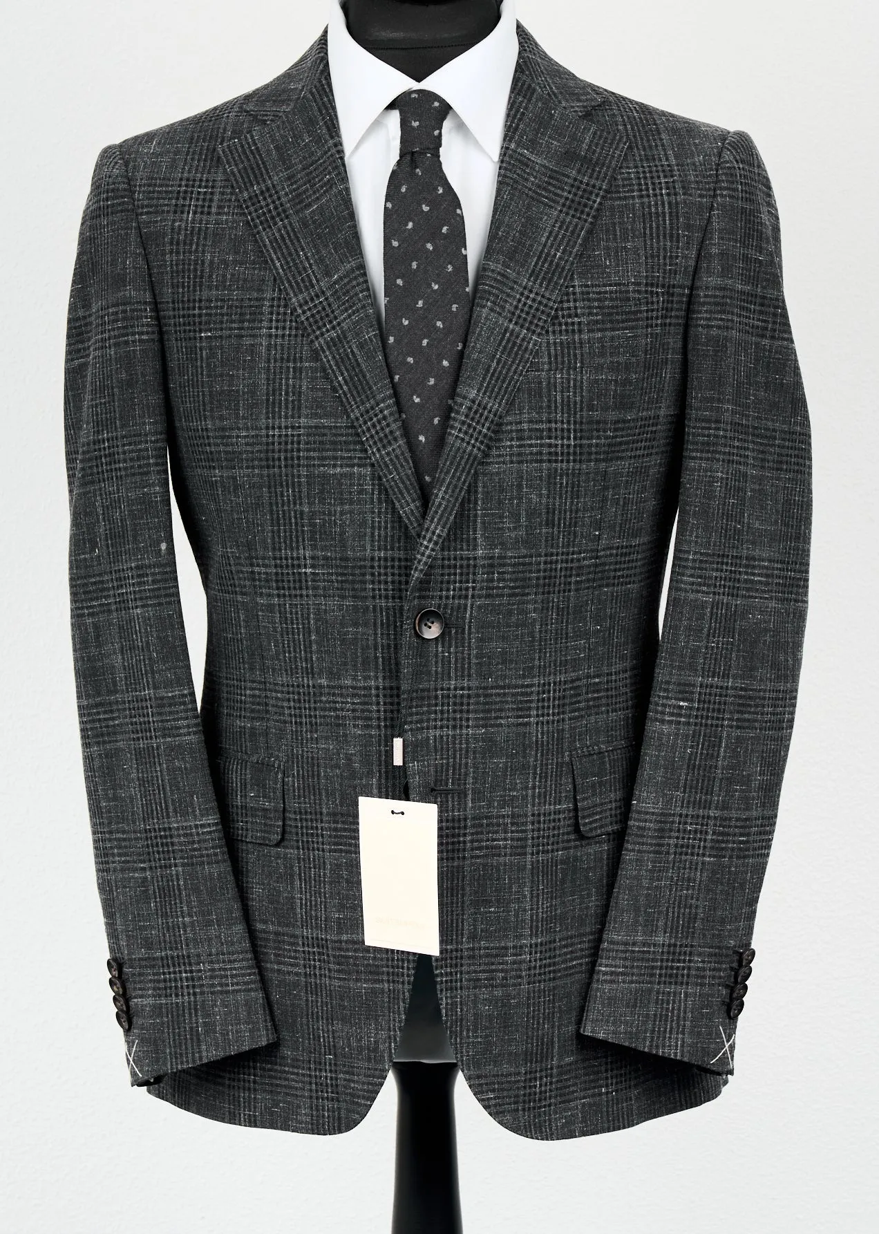 New Suitsupply Lazio Dark Gray Check Wool, Silk and Linen Suit - Size 44R