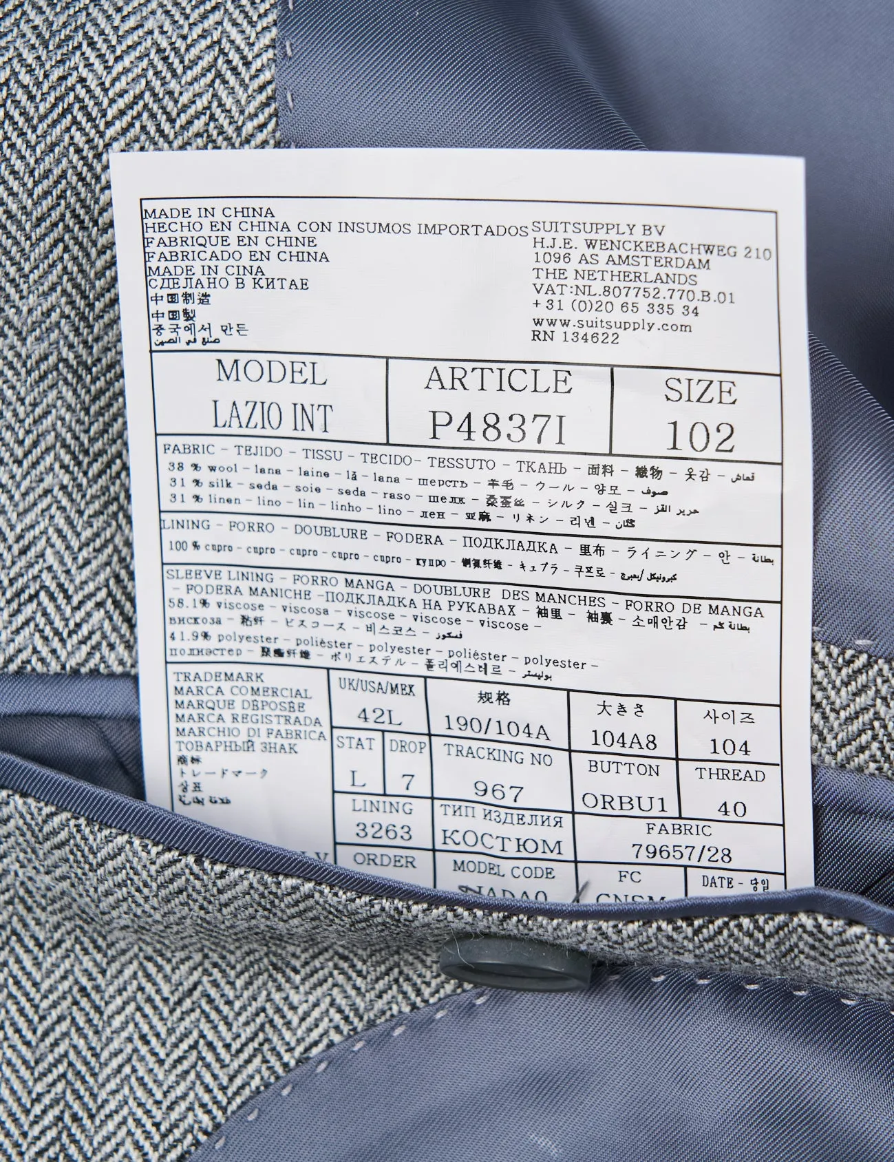 New Suitsupply Lazio Gray Herringbone Wool, Silk, Linen Suit - Size 38S and 40S