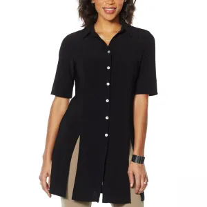Nina Leonard Women's Miracle Matte Button Up Tie Waist Tunic Top