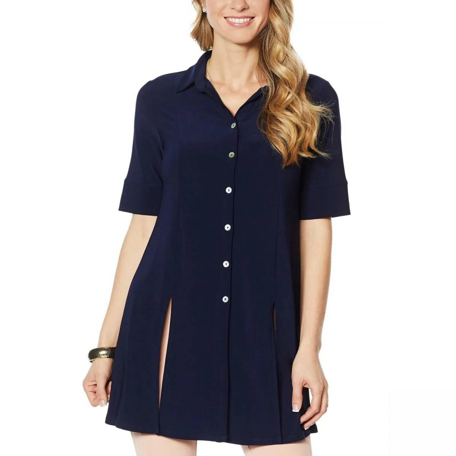 Nina Leonard Women's Miracle Matte Button Up Tie Waist Tunic Top
