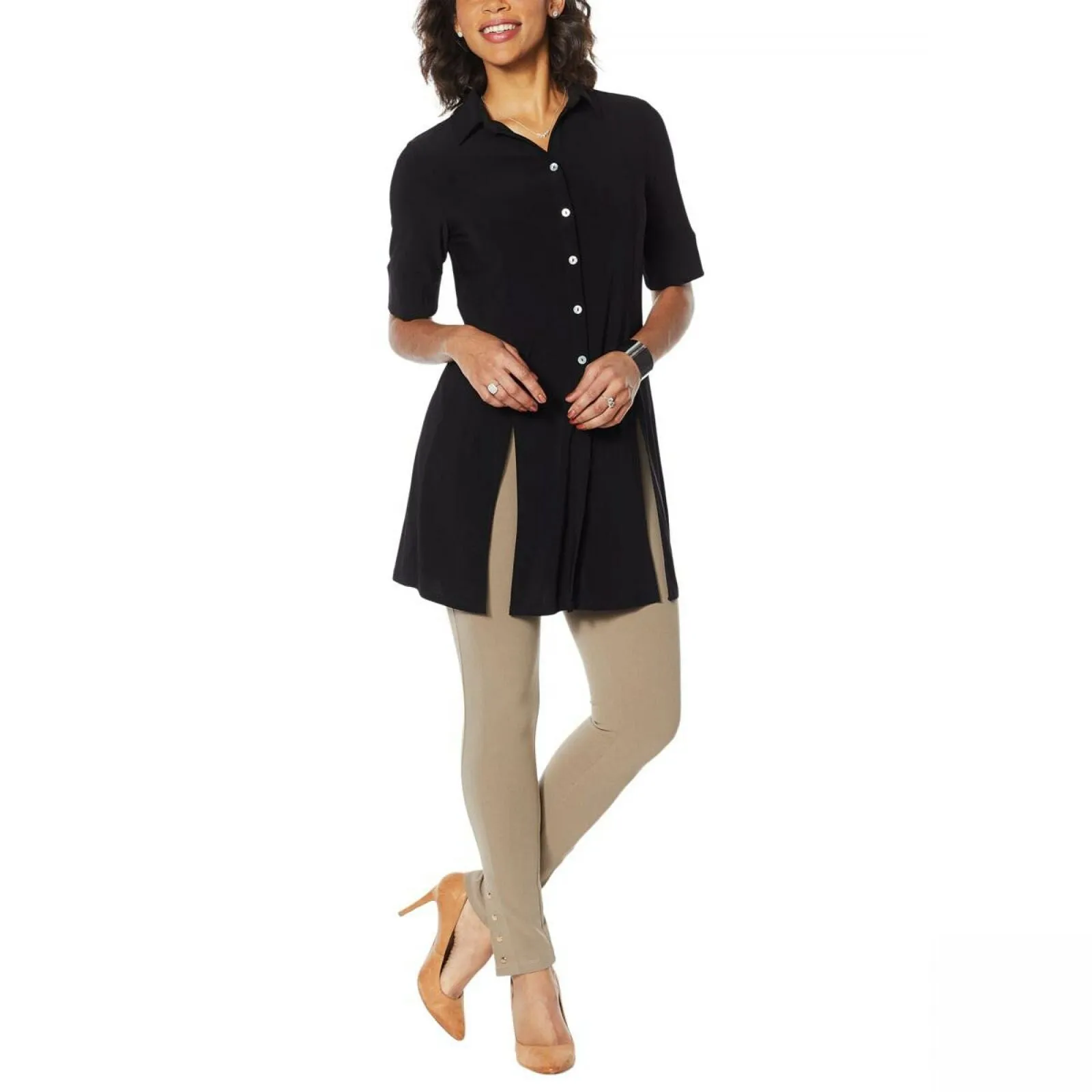 Nina Leonard Women's Miracle Matte Button Up Tie Waist Tunic Top