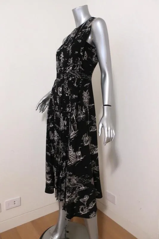 No. 21 Dress Black Island Print Pleated Silk Size 40 Sleeveless Midi