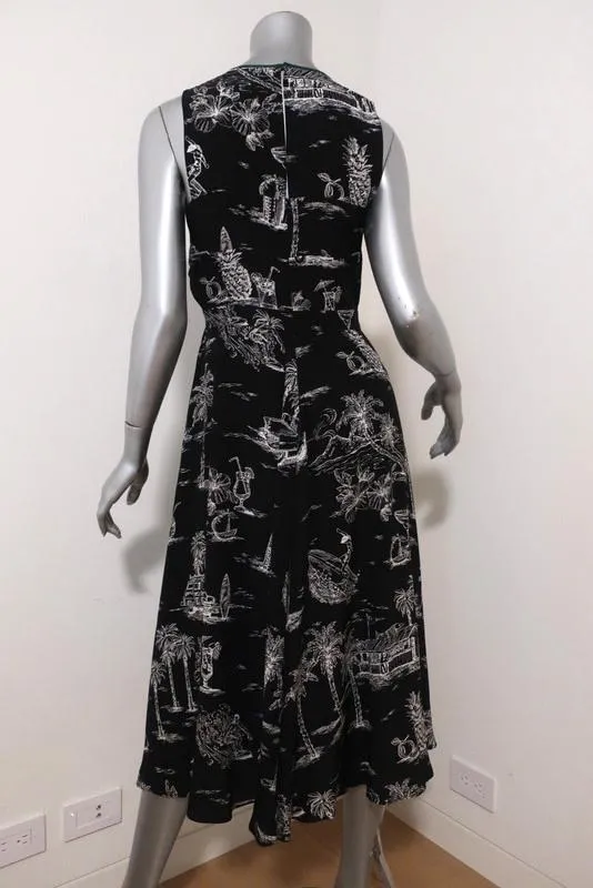No. 21 Dress Black Island Print Pleated Silk Size 40 Sleeveless Midi