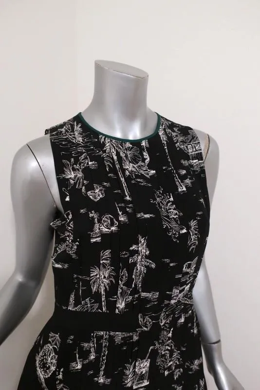 No. 21 Dress Black Island Print Pleated Silk Size 40 Sleeveless Midi