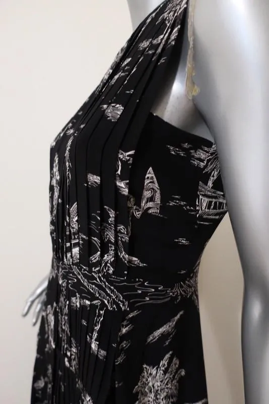 No. 21 Dress Black Island Print Pleated Silk Size 40 Sleeveless Midi