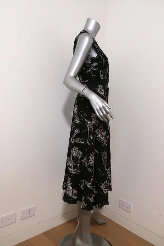 No. 21 Dress Black Island Print Pleated Silk Size 40 Sleeveless Midi