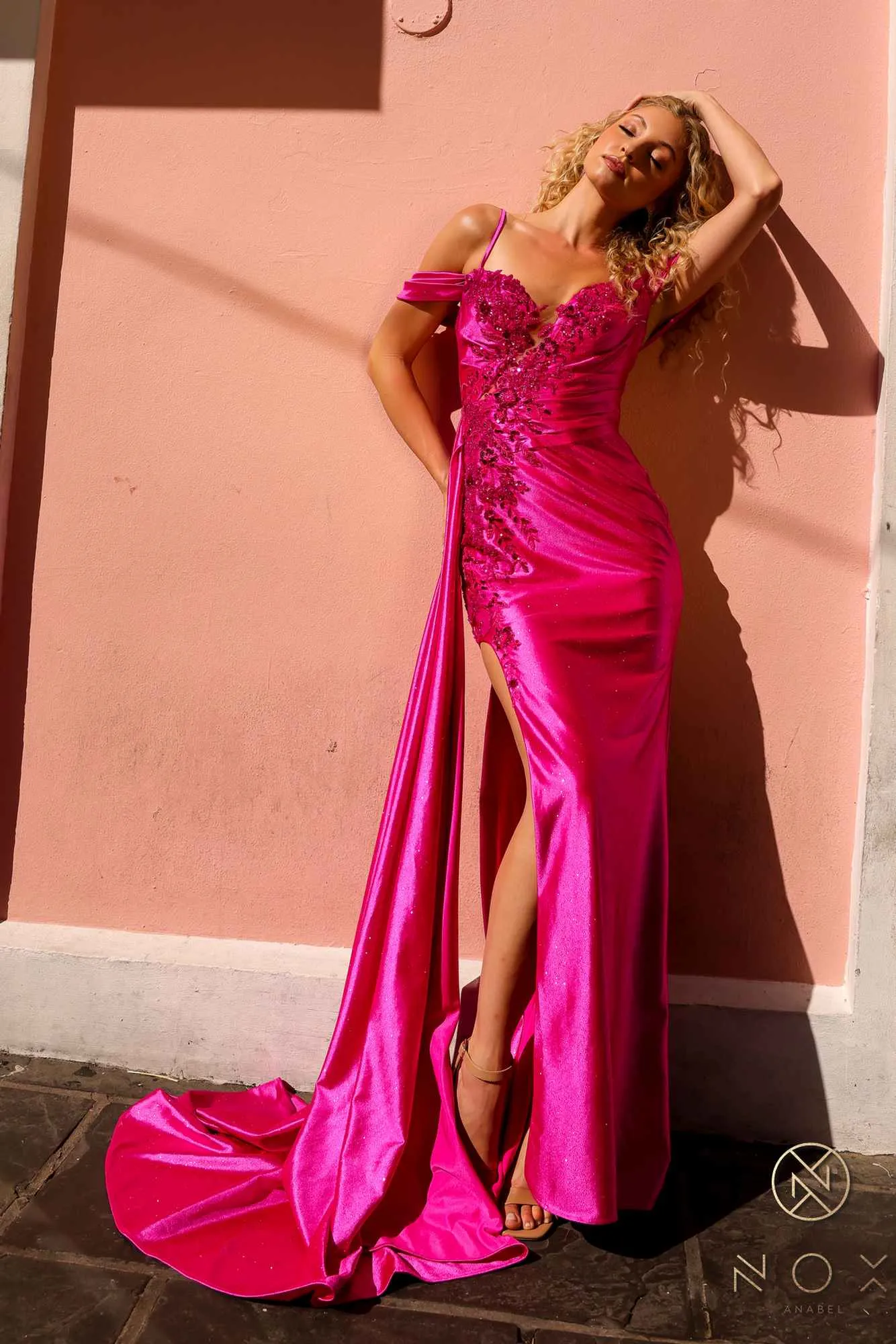 Nox Anabel E1451 Long Off the Shoulder Fitted Column Satin Dress