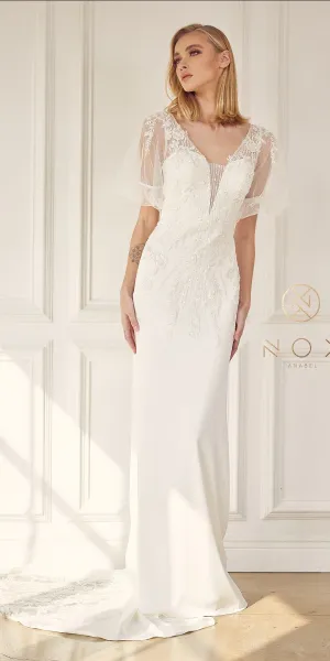 Nox Anabel JE927 Long Fitted Wedding Gown with Illusion Sleeves