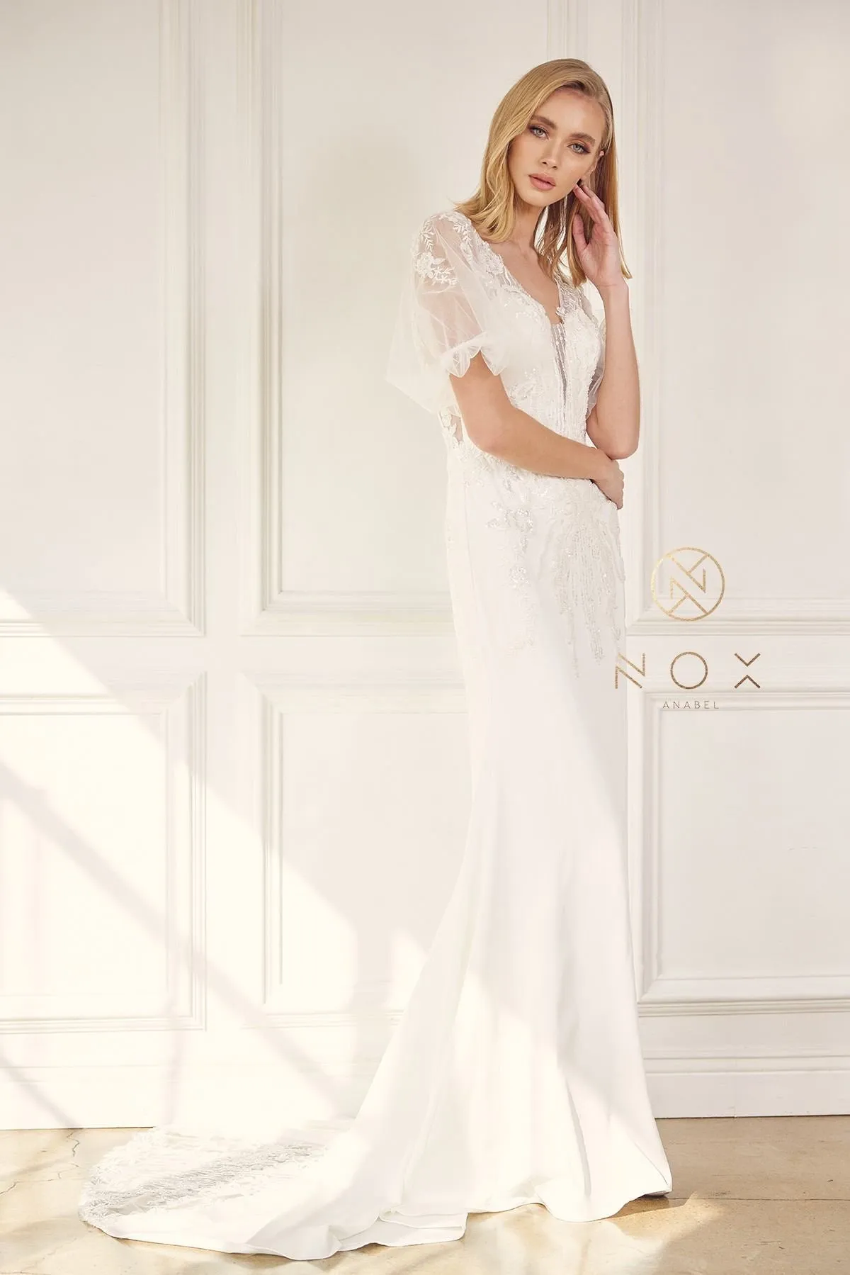 Nox Anabel JE927 Long Fitted Wedding Gown with Illusion Sleeves
