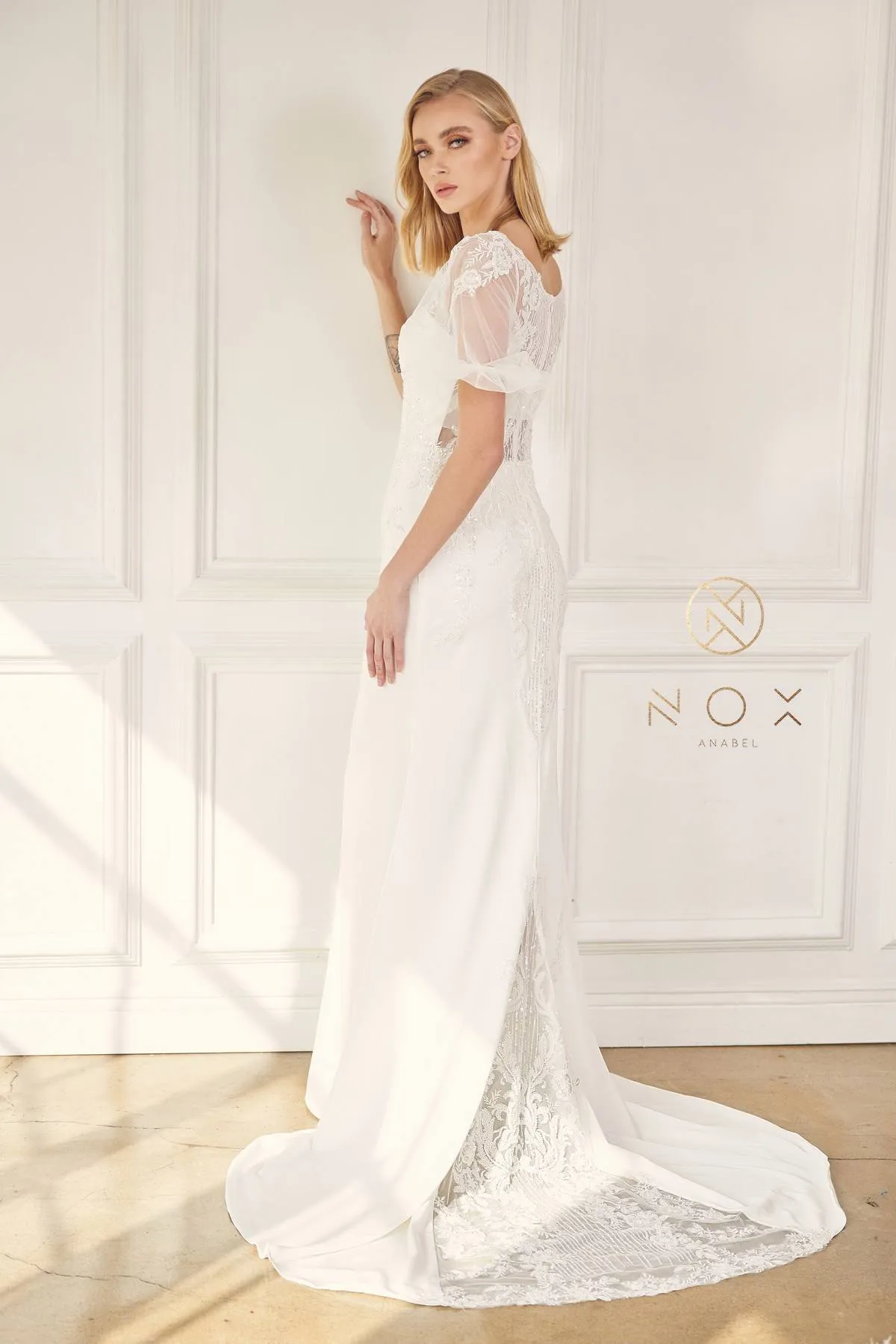 Nox Anabel JE927 Long Fitted Wedding Gown with Illusion Sleeves