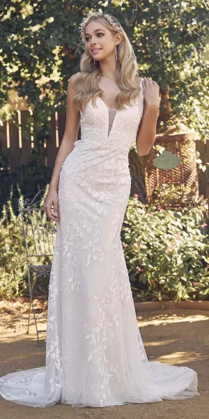 Nox Anabel JE949 Fitted Sheath Floral Applique Lace Wedding Gown
