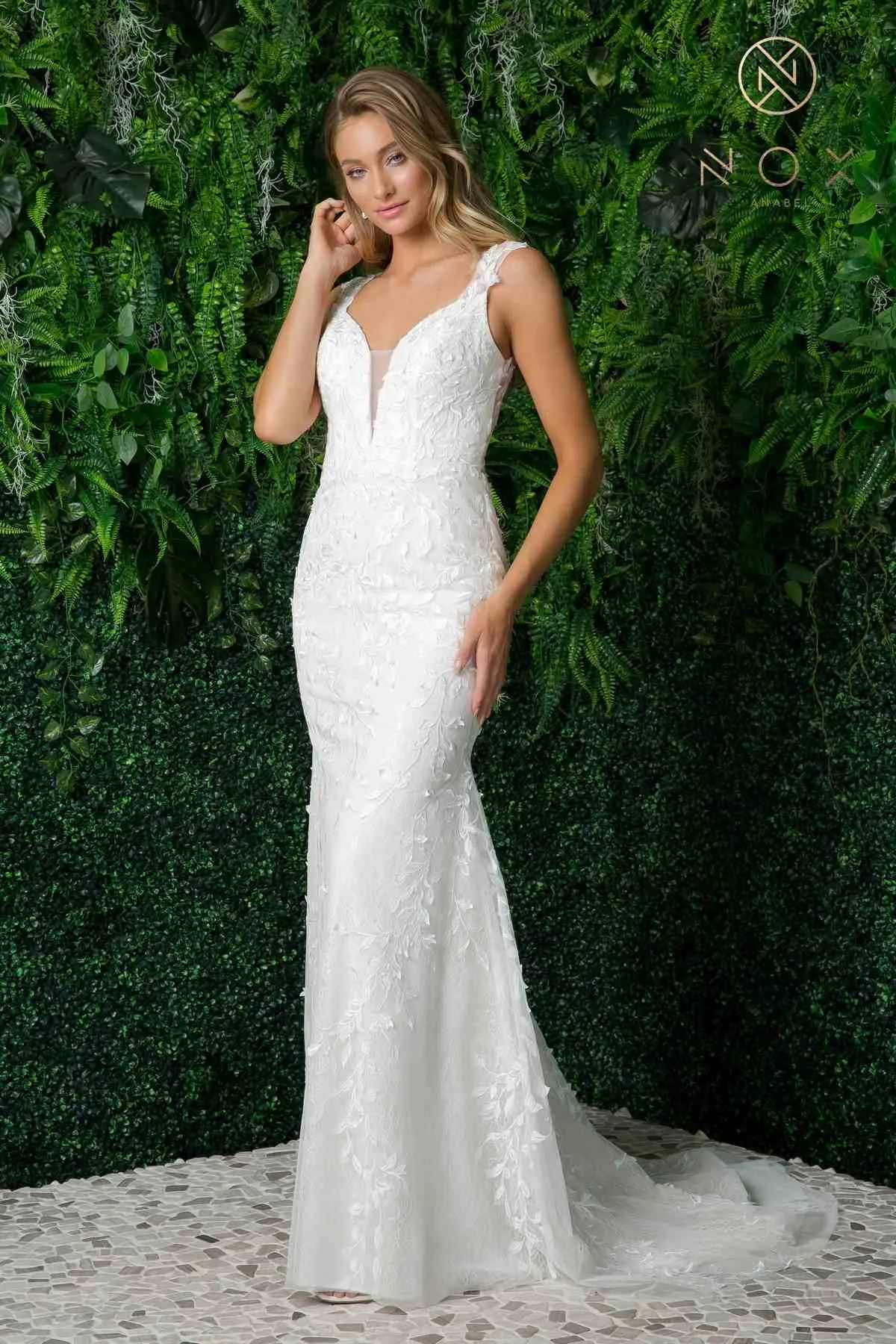 Nox Anabel JE949 Fitted Sheath Floral Applique Lace Wedding Gown
