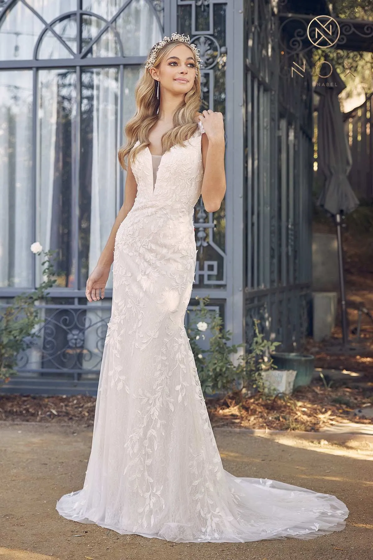 Nox Anabel JE949 Fitted Sheath Floral Applique Lace Wedding Gown