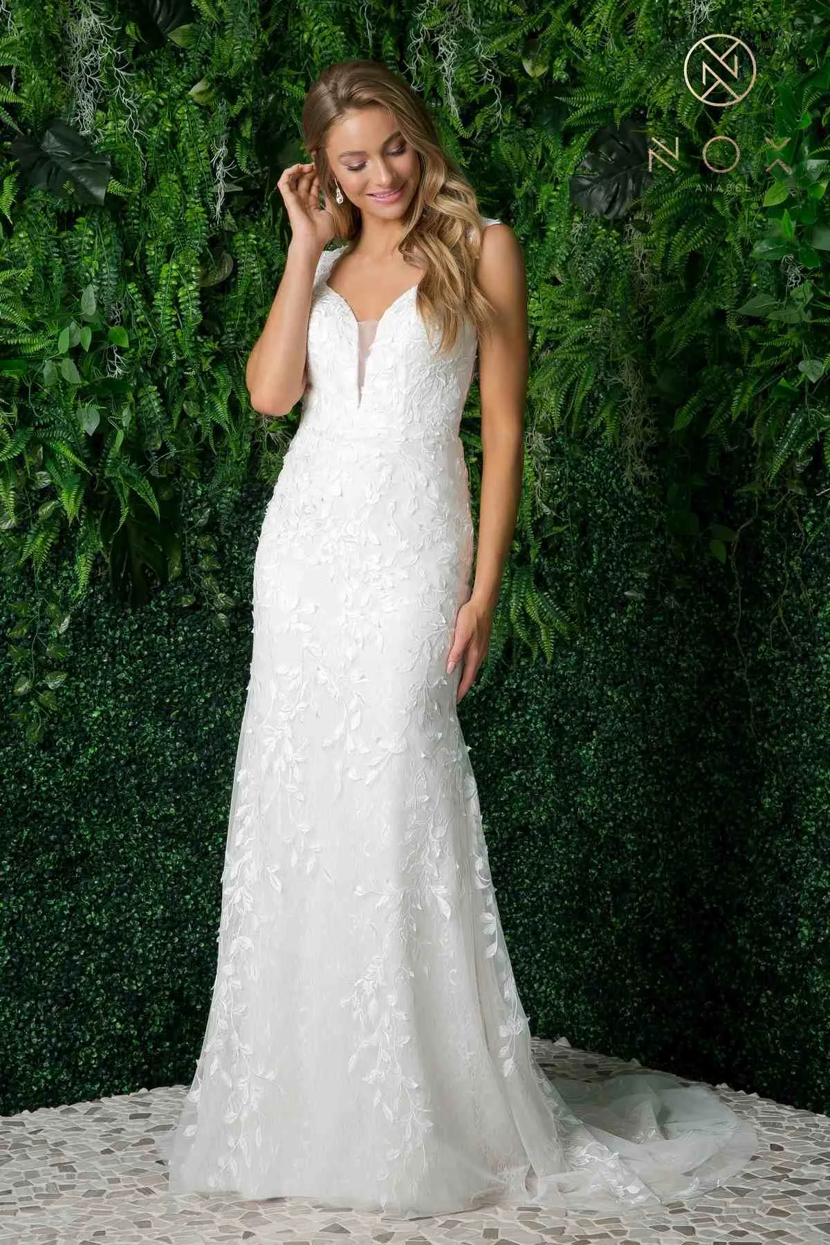 Nox Anabel JE949 Fitted Sheath Floral Applique Lace Wedding Gown