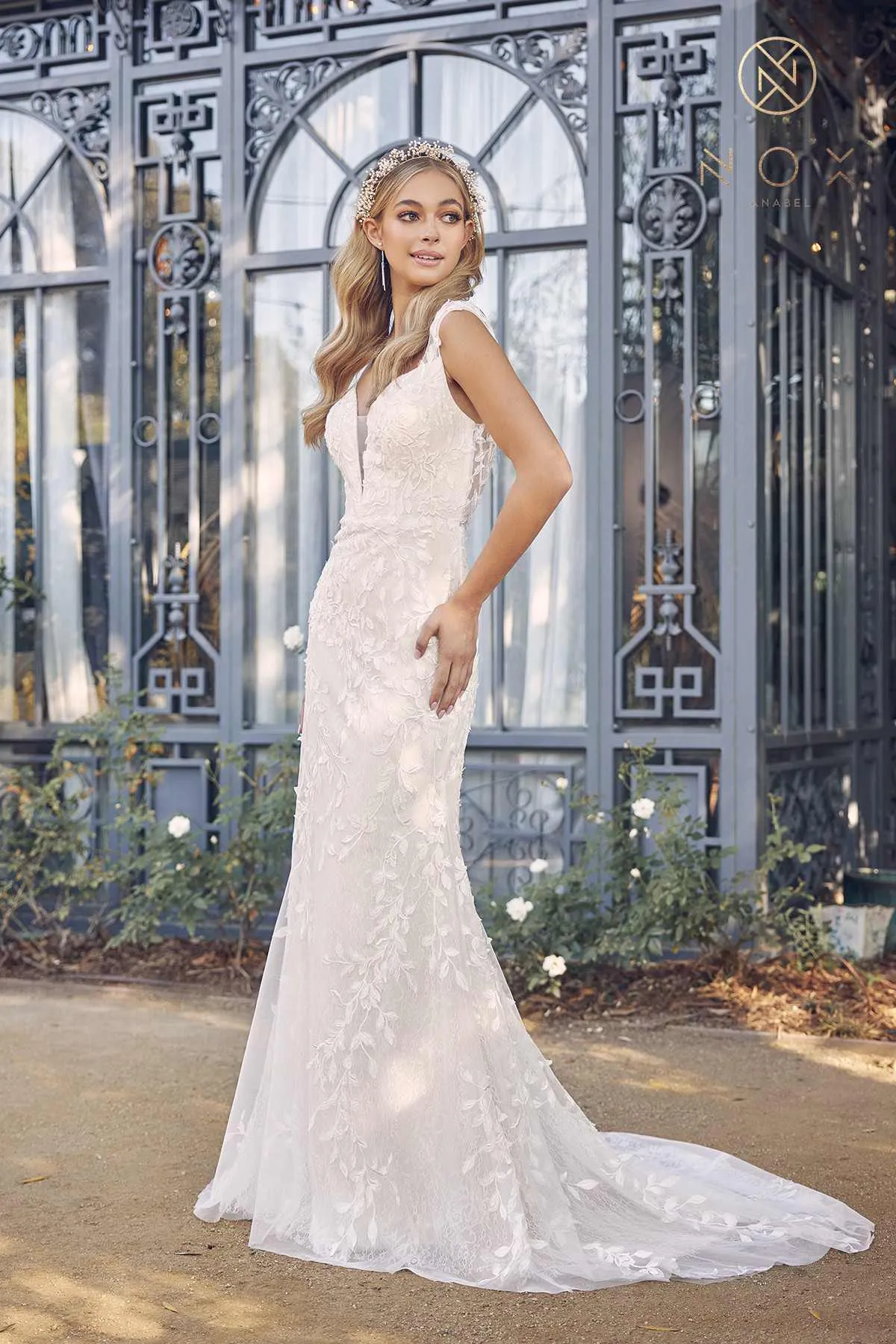 Nox Anabel JE949 Fitted Sheath Floral Applique Lace Wedding Gown