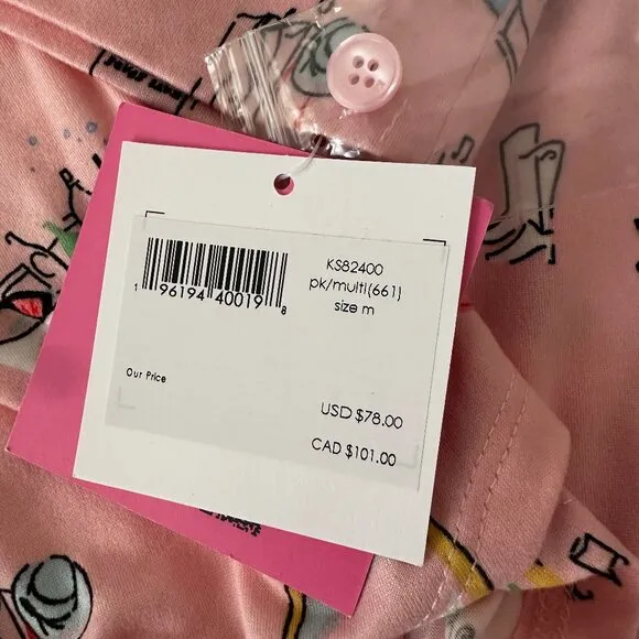 NWT Kate Spade Pajamas Set MEDIUM Housewarming Pink Cropped Pants Shirt Stretch