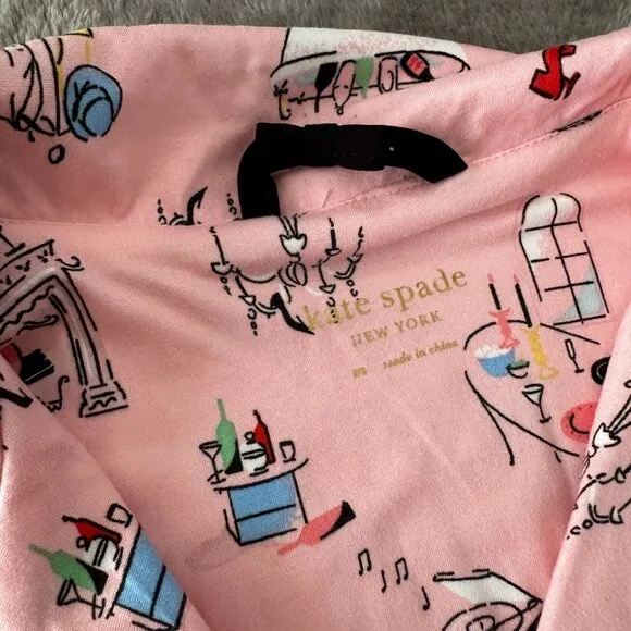 NWT Kate Spade Pajamas Set MEDIUM Housewarming Pink Cropped Pants Shirt Stretch