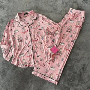 NWT Kate Spade Pajamas Set MEDIUM Housewarming Pink Cropped Pants Shirt Stretch