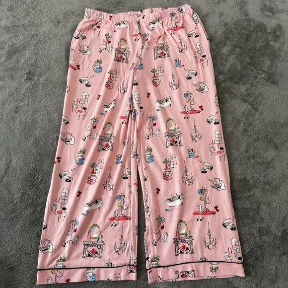 NWT Kate Spade Pajamas Set MEDIUM Housewarming Pink Cropped Pants Shirt Stretch