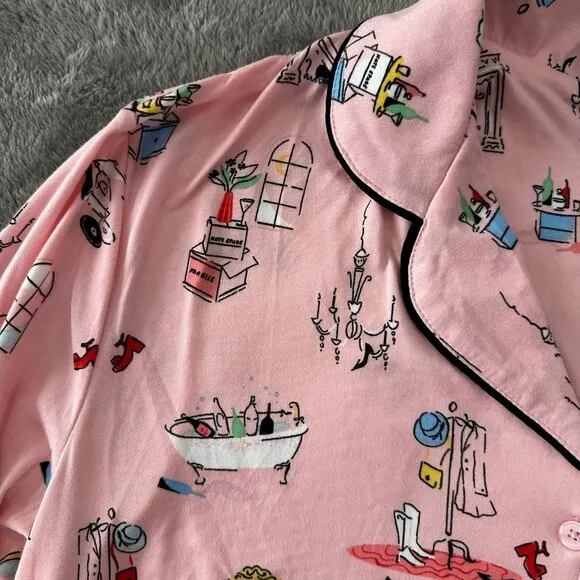 NWT Kate Spade Pajamas Set MEDIUM Housewarming Pink Cropped Pants Shirt Stretch