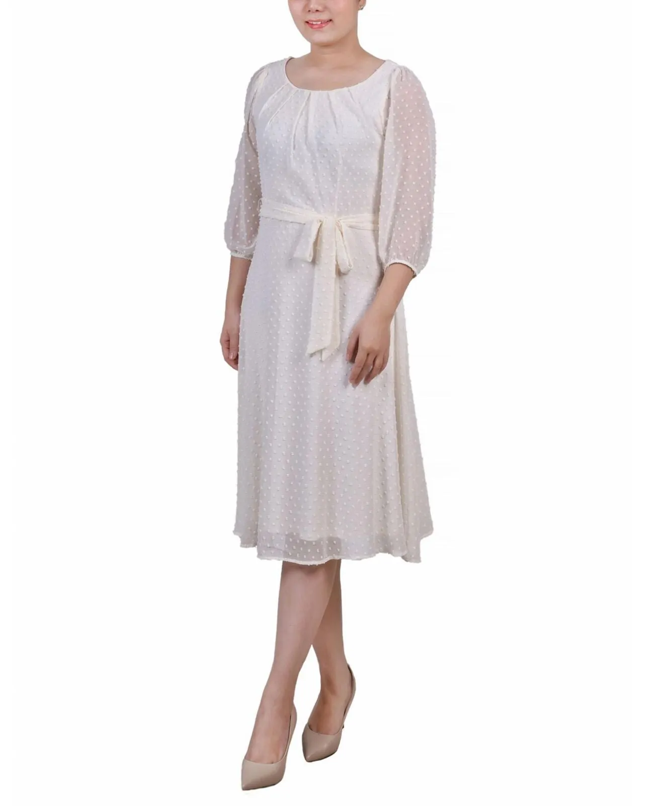 Ny Collection Womens Petite 3/4 Sleeve Clip Dot Dress PCCD0396C