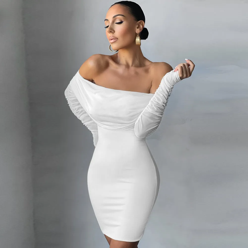 Off Shoulder Long Sleeve Frill Mini Bandage Dress PP21827