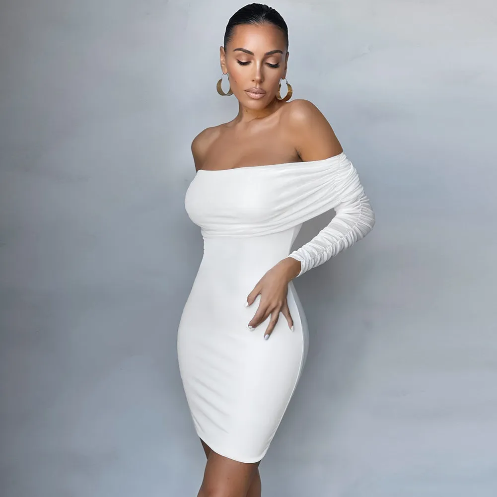 Off Shoulder Long Sleeve Frill Mini Bandage Dress PP21827