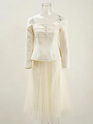 Off Shoulder Mesh Patchwork Coat High Waist Pleated Skirt