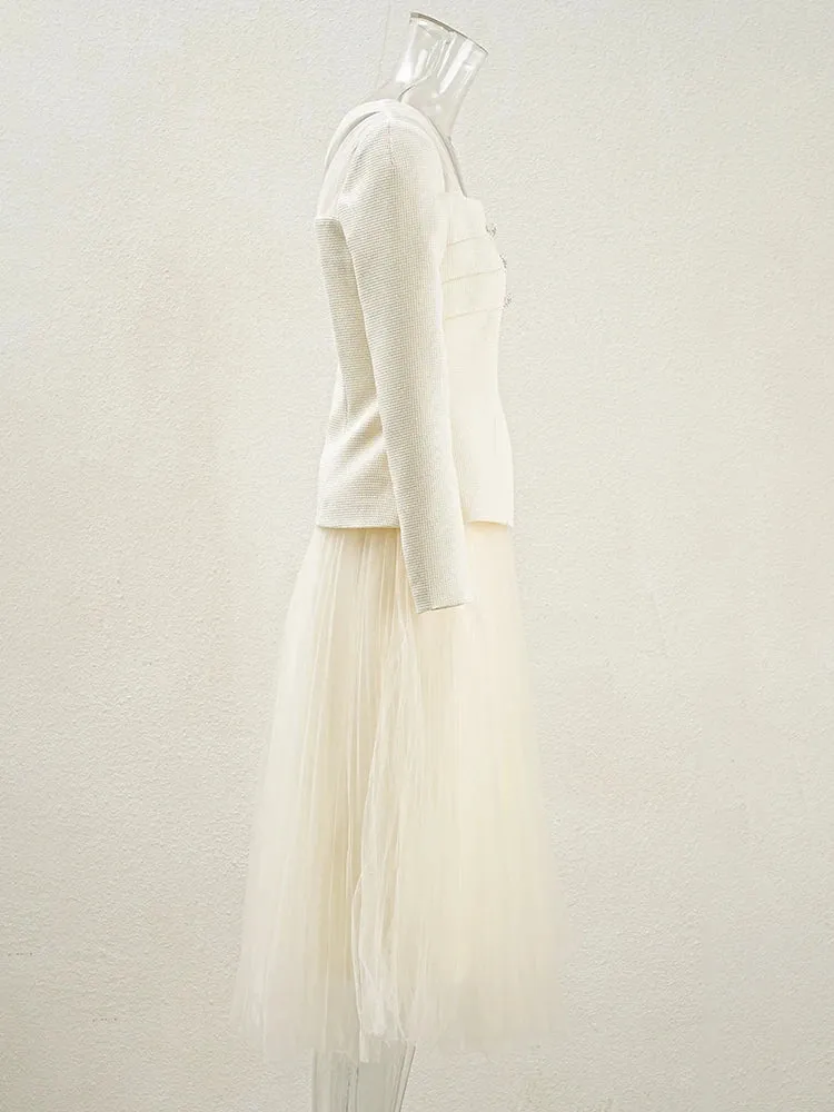 Off Shoulder Mesh Patchwork Coat High Waist Pleated Skirt