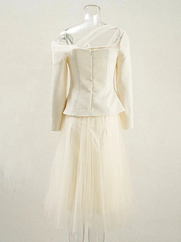 Off Shoulder Mesh Patchwork Coat High Waist Pleated Skirt