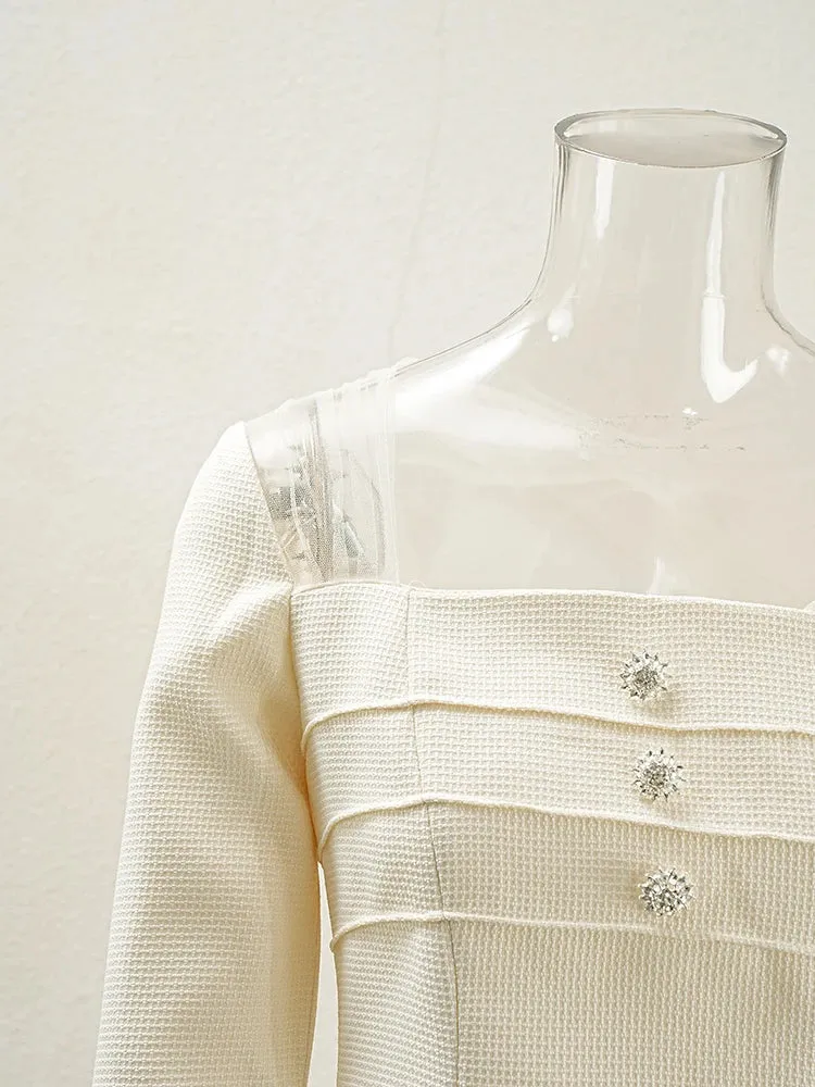 Off Shoulder Mesh Patchwork Coat High Waist Pleated Skirt